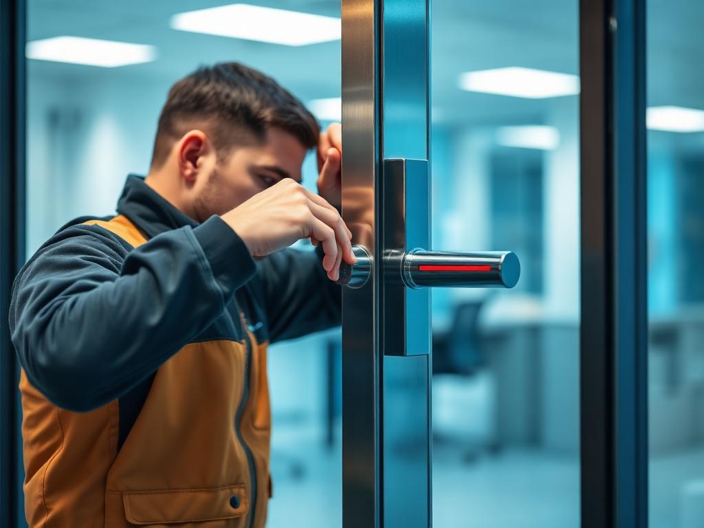 Commercial locksmith installing access control on a Denver office door