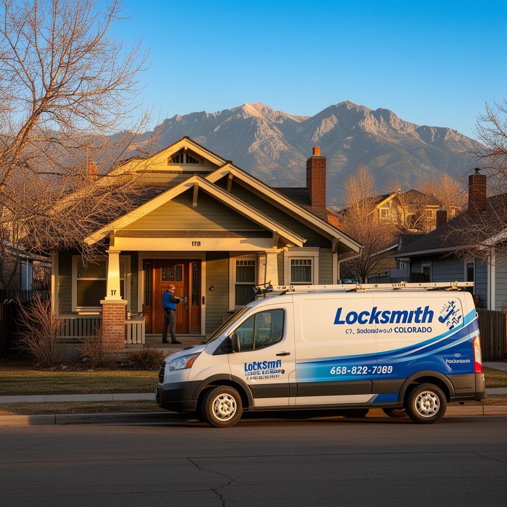 Locksmith van at a Denver craftsman home with Rocky Mountains in the background